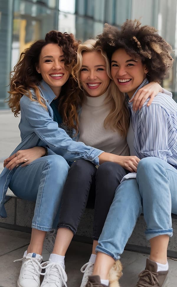 Front view happy friends hugging